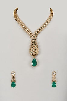 Gold Finish Emerald Stone & Kundan Polki Long Necklace Set