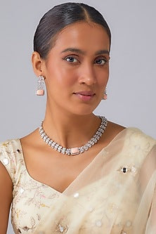 White Finish Zircon & Peach Opal Stone Necklace Set