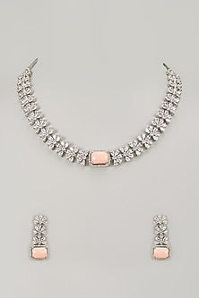 White Finish Zircon & Peach Opal Stone Necklace Set