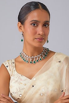 White Finish Zircon & Emerald Stone Choker Necklace Set