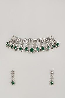 White Finish Zircon & Emerald Stone Choker Necklace Set