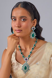 White Finish Zircon & Emerald Stone Long Necklace Set