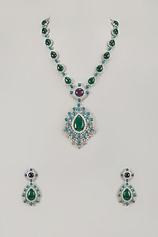 White Finish Zircon & Emerald Stone Long Necklace Set