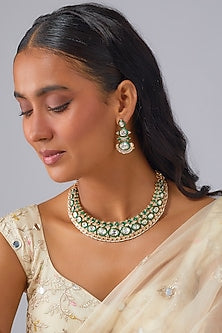 Gold Finish Kundan Polki & Emerald Stone Necklace Set
