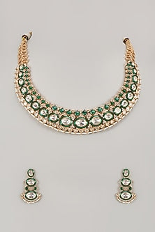 Gold Finish Kundan Polki & Emerald Stone Necklace Set
