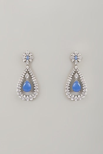 White Finish Zircon & Blue Opal Stone Dangler Earrings
