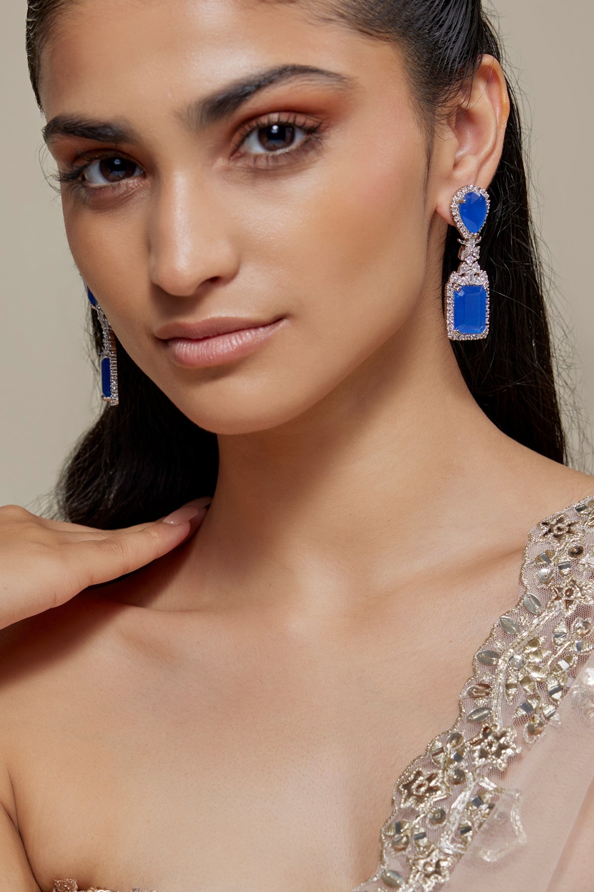 White Finish Zircon & Blue Sapphire Stone Dangler Earrings