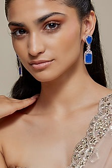 White Finish Zircon & Blue Sapphire Stone Dangler Earrings