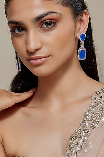 White Finish Zircon & Blue Sapphire Stone Dangler Earrings