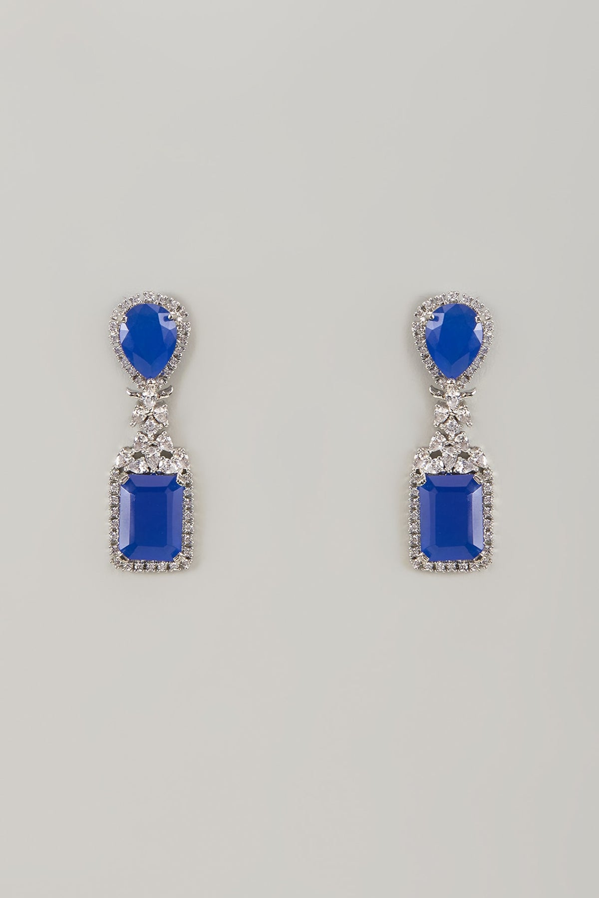 White Finish Zircon & Blue Sapphire Stone Dangler Earrings
