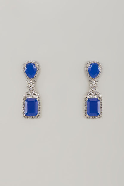 White Finish Zircon & Blue Sapphire Stone Dangler Earrings