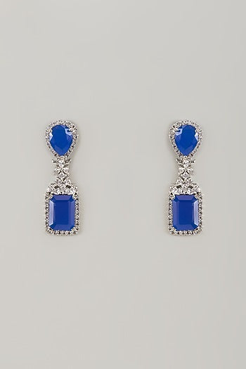 White Finish Zircon & Blue Sapphire Stone Dangler Earrings