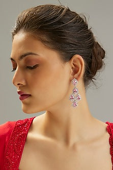 White Finish Zircon & Rose Quartz Stone Dangler Earrings