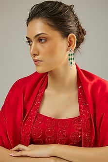 Silver Finish Emerald Stone & Zircon Dangler Earrings