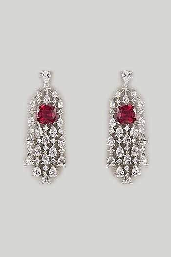 Silver Finish Ruby Stone & Zircon Dangler Earrings