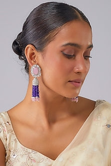 Silver Finish Rose Quartz Stone & Zircon Dangler Earrings
