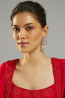 Silver Finish Rose Quartz Stone & Zircon Dangler Earrings