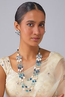 Silver Finish Aqua Marine Stone & Zircon Layered Long Necklace Set