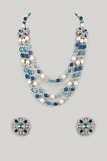 Silver Finish Aqua Marine Stone & Zircon Layered Long Necklace Set