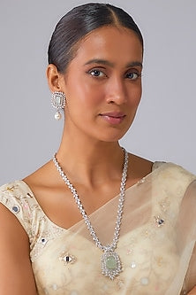 Silver Finish Turquoise Stone & Zircon Pendant Necklace Set