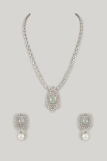 Silver Finish Turquoise Stone & Zircon Pendant Necklace Set