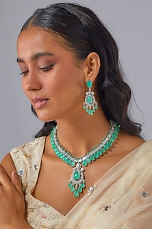 Silver Finish Zircon & Turquoise Stone Long Necklace Set