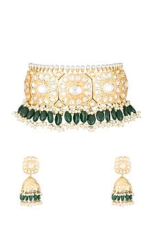 Gold Finish Emerald & Polki Kundan Choker Necklace Set