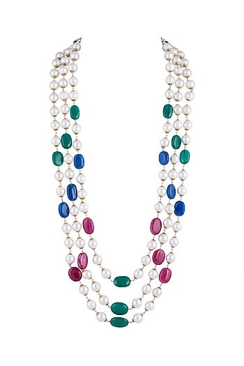 Gold Finish Multi Colored Beaded Long Necklace