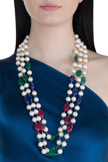 Gold Finish Multi Colored Beaded Long Necklace