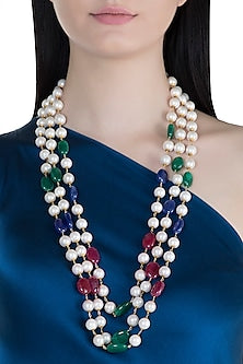Gold Finish Multi Colored Beaded Long Necklace