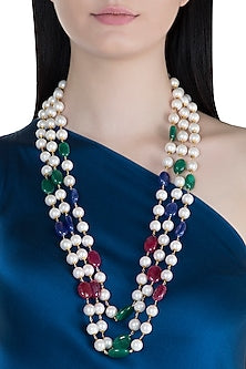 Gold Finish Multi Colored Beaded Long Necklace