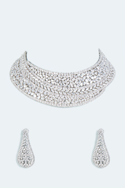 White Finish Faux Diamond Necklace Set