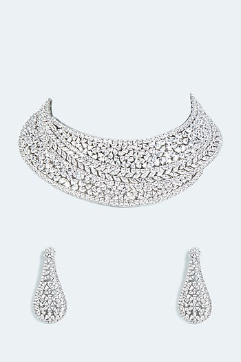 White Finish Faux Diamond Necklace Set