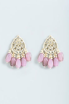 Gold Finish Pink Stone Maangtikka With Earrings