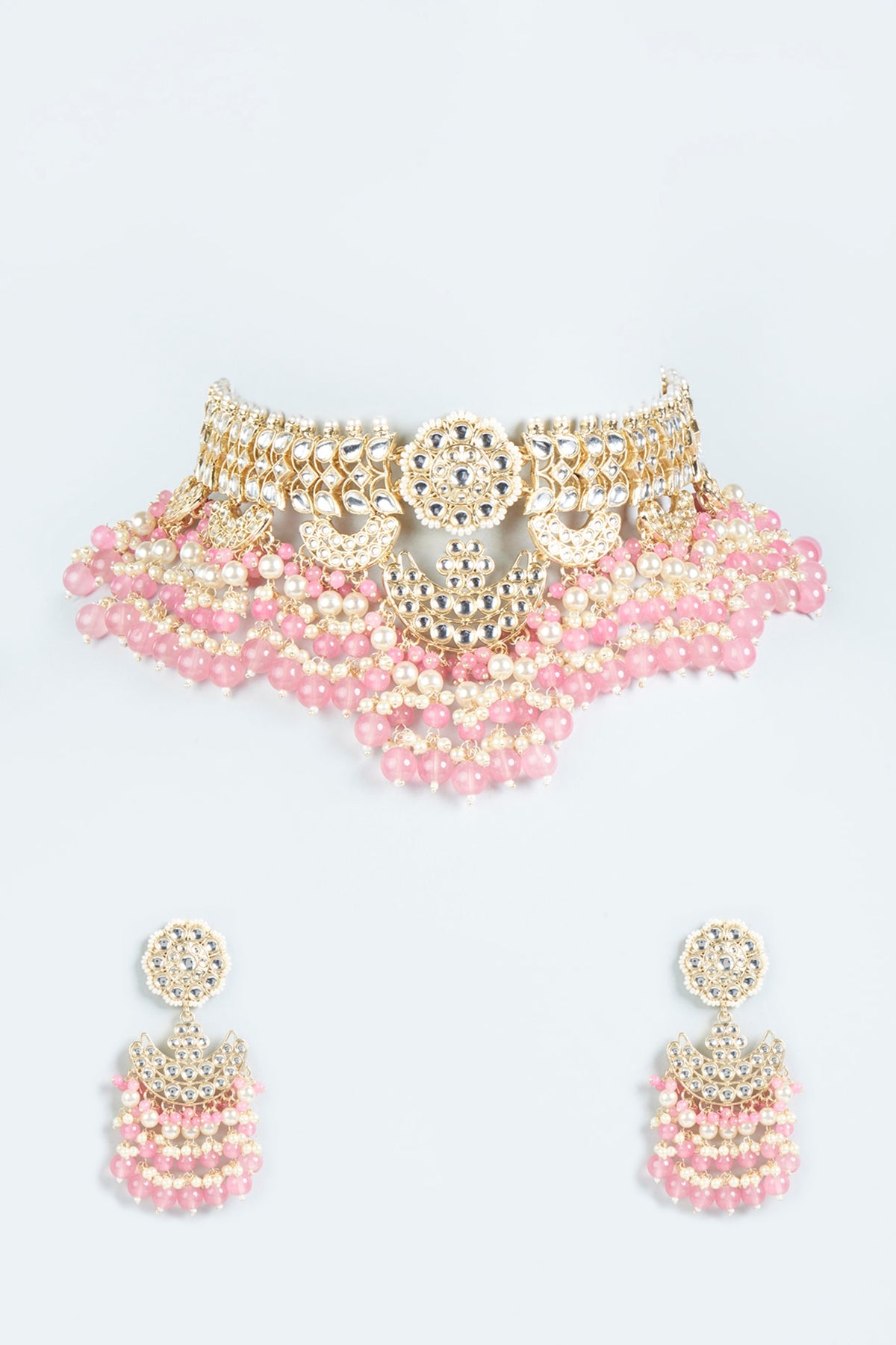 Gold Finish Pink Beaded Choker Necklace Set