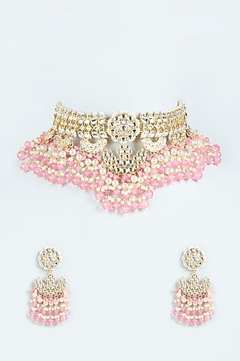 Gold Finish Pink Beaded Choker Necklace Set