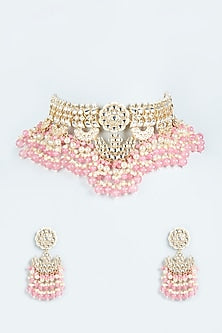 Gold Finish Pink Beaded Choker Necklace Set