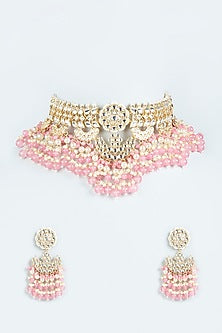Gold Finish Pink Beaded Choker Necklace Set