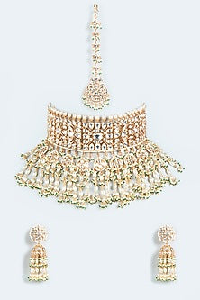 Gold Finish Pearl & Kundan Polki Choker Necklace Set