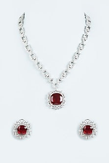 White Finish Faux Diamond & Ruby Necklace Set