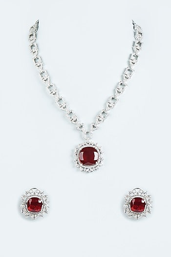 White Finish Faux Diamond & Ruby Necklace Set