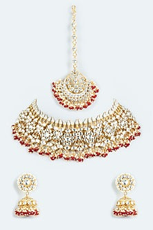 Gold Finish Kundan Polki & Red Beaded Choker Necklace Set