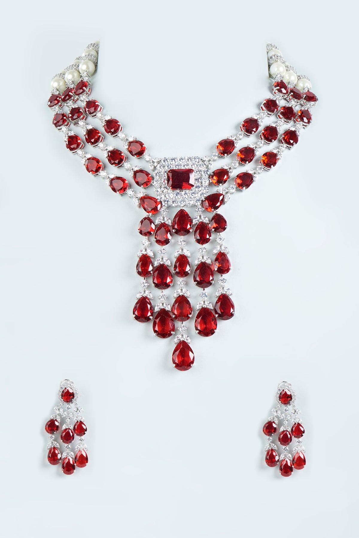 White Finish Red Stone Necklace Set