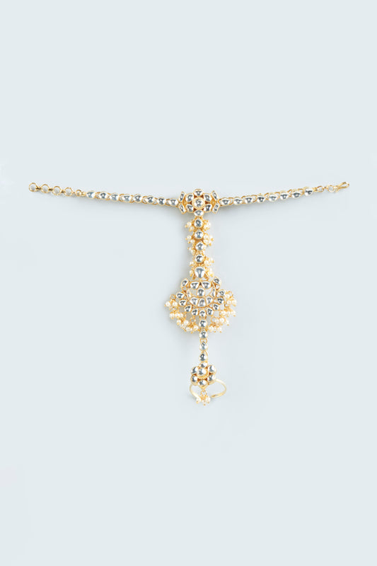 Gold Finish Kundan Polki Haathphools (Set of 2)