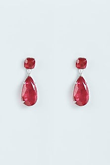 White Finish Red Stone Dangler Earrings