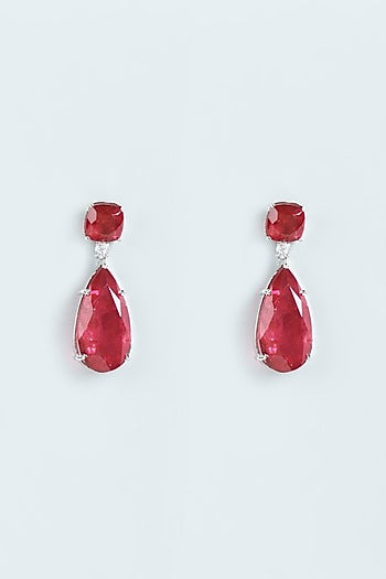White Finish Red Stone Dangler Earrings