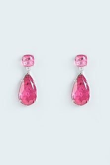 White Finish Pink Stone Dangler Earrings