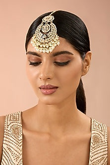 Gold Finish Kundan Polki & Pearl Beaded Maangtikka
