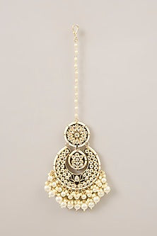 Gold Finish Kundan Polki & Pearl Beaded Maangtikka