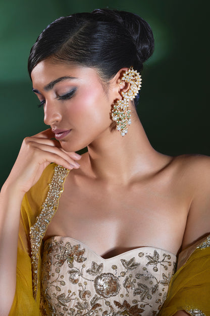 Gold Finish Kundan Polki & Pearl Beaded Ear Cuff Earrings